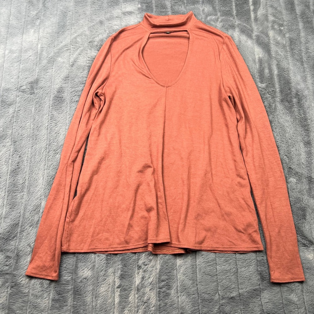 Express Womens XS Rust Terracotta Mock Neck Keyhole Cutout Long Sleeve Top 15033